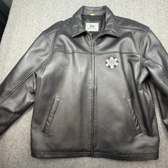 Burks Bay Mens XL Black Leather Bomber Jacket World Series Poker Patch Zip Up - Picture 13 of 15